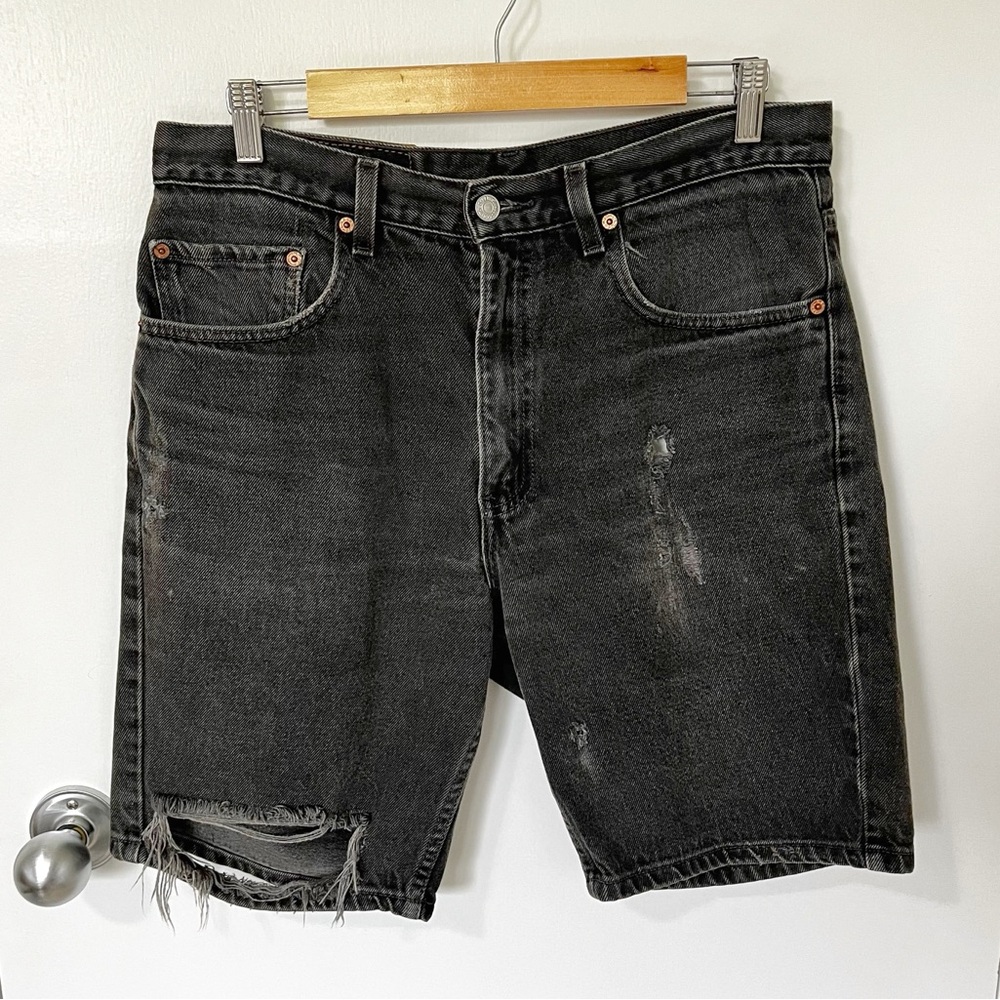 Vintage Levi's 505 High Rise Distressed Long Jean Shorts Washed Black size 33